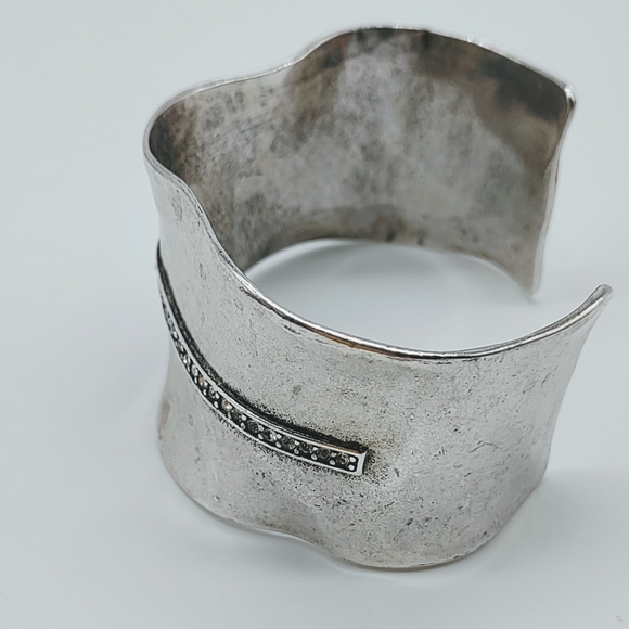 Silver Tone Wide Distressed Modernist Crystal Cuff Bracelet - Picture 12 of 12